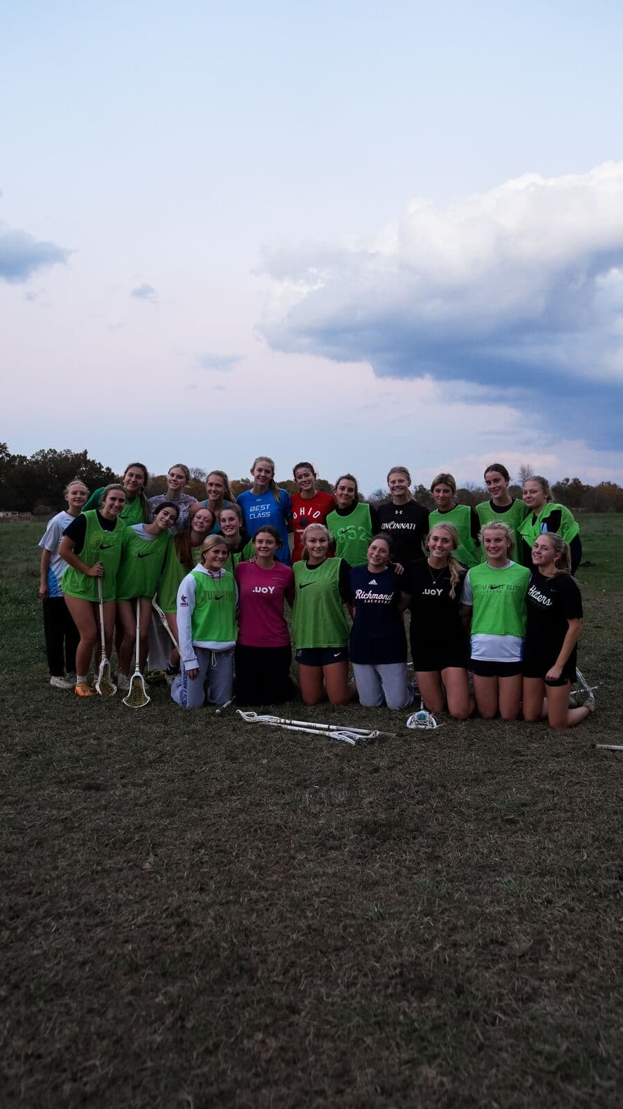 The squad huddled together at sunset