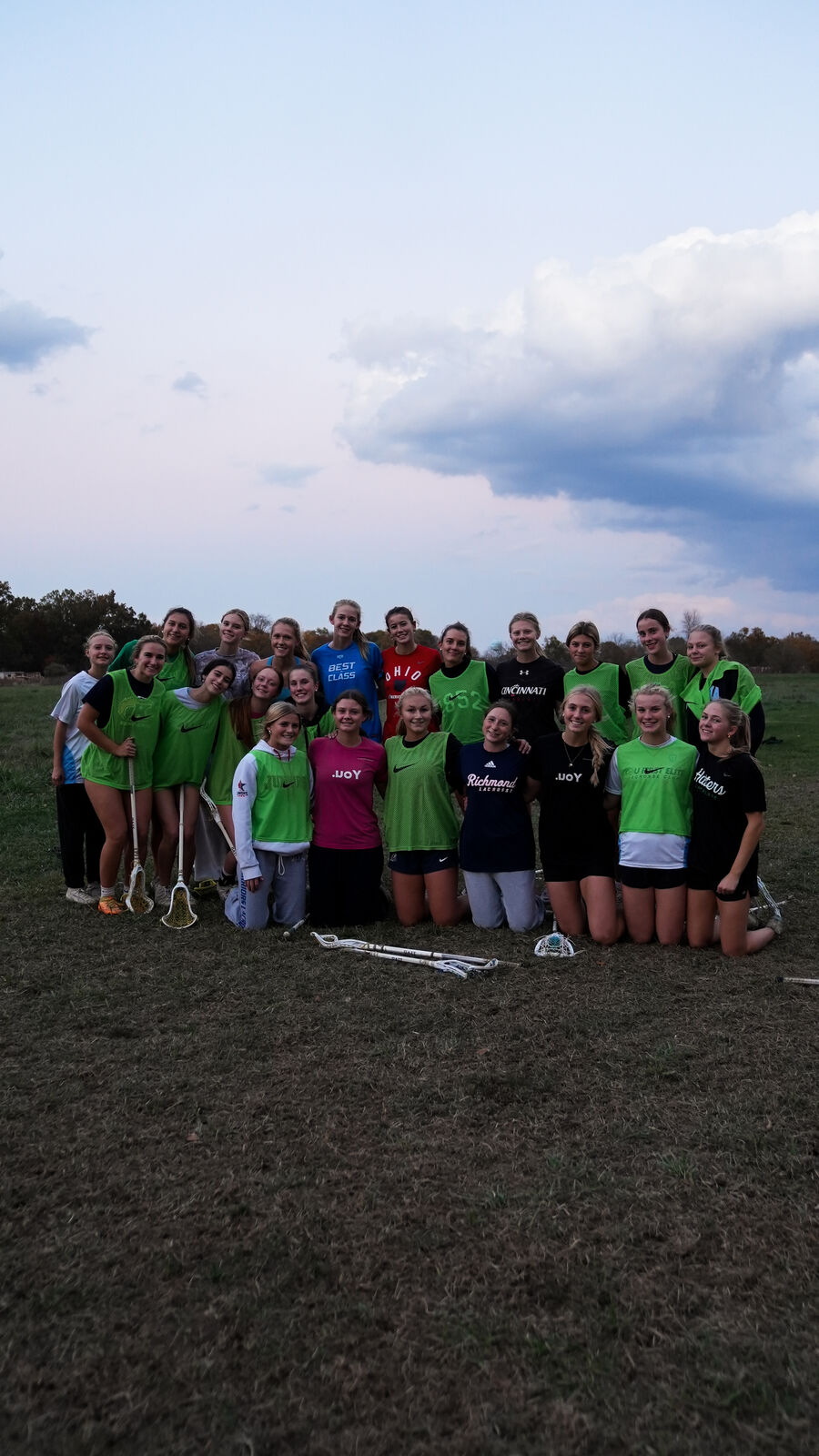 The squad huddled together at sunset